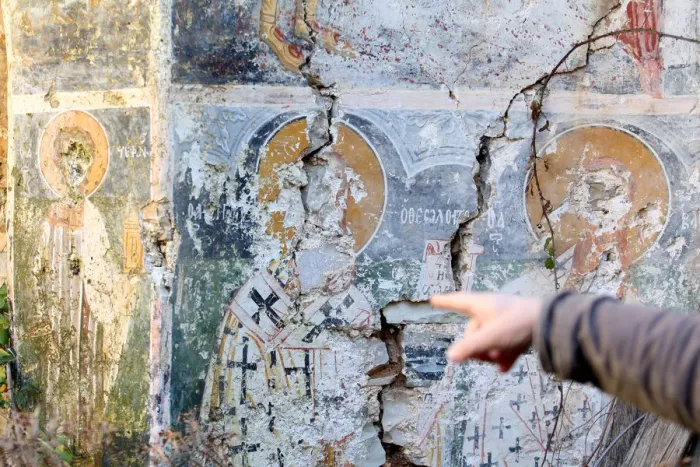 Framed Print : A damaged fresco is pictured in The Orthodox Church of Saint Athanasios in Muzina