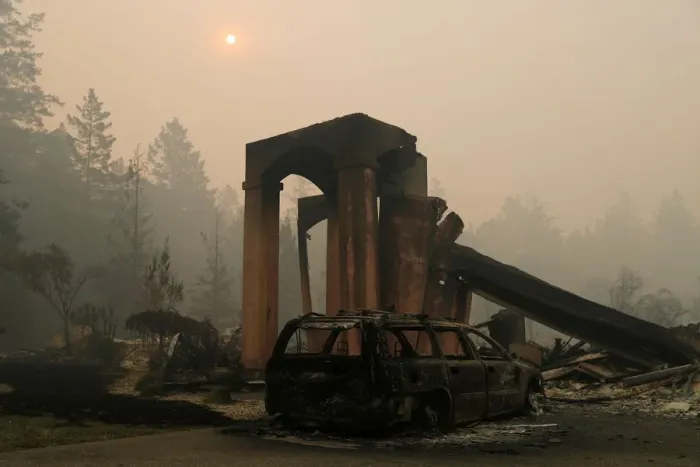 Framed Print : A destroyed home is seen at a residential neighborhood along Fountaingrove Parkway during Framed Print : A destroyed home is seen at a residential neighborhood along Fountaingrove Parkway during