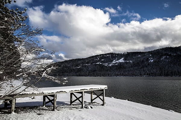 A dock stands dry on drought-stricken Donner Lake near Truckee, California
