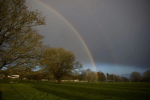 A double rainbow is seen in a football pitch on the border between County Fermanagh