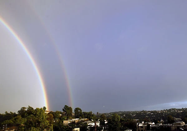 A double rainbow is seen during heavy rain in Los Angeles