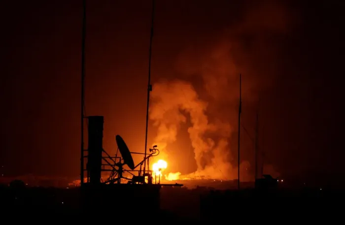 Framed Print : Explosion is seen during Israeli air strikes in Gaza Framed Print : Explosion is seen during Israeli air strikes in Gaza