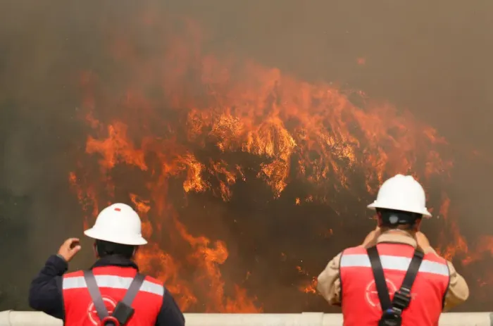 Framed Print : Fire is seen on a hill, where more than 100 homes were burned due to forest fire but Framed Print : Fire is seen on a hill, where more than 100 homes were burned due to forest fire but