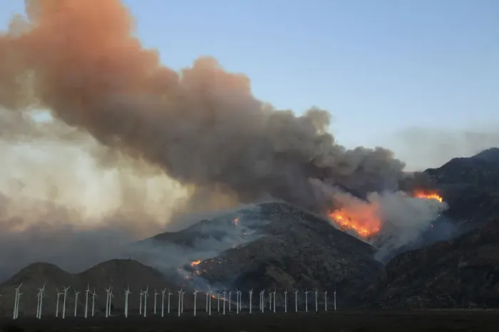 Framed Print : Fire spreads up north side of San Jacinto Mountains near wind turbines at the Silver Fire Framed Print : Fire spreads up north side of San Jacinto Mountains near wind turbines at the Silver Fire