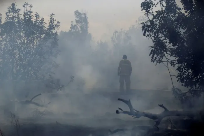 Framed Print : A firefighter tries to extinguish fire on the Israeli side of the border fence between Framed Print : A firefighter tries to extinguish fire on the Israeli side of the border fence between