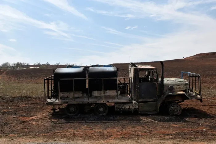 Framed Print : A firetruck that was destroyed by the Rhea fire is seen near Taloga Framed Print : A firetruck that was destroyed by the Rhea fire is seen near Taloga