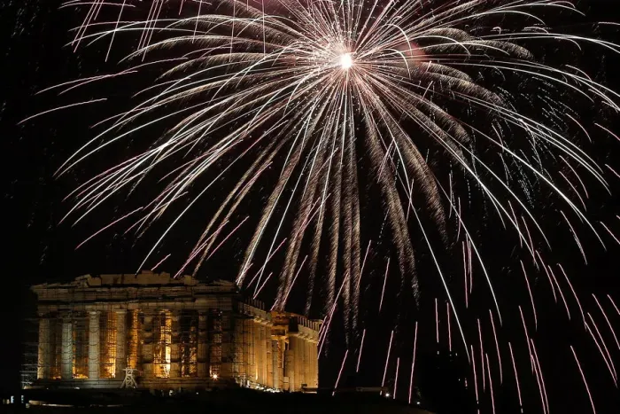 Framed Print : Fireworks explode over the ancient Parthenon temple atop the Acropolis hill during New