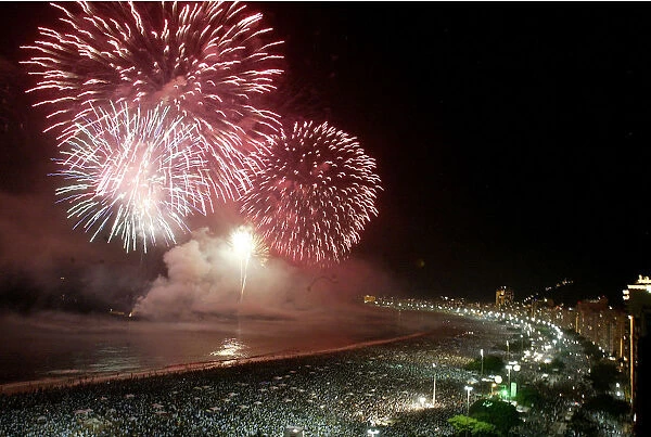 Fireworks explode above Copacabana beach in Rio de Janeiro at midnight