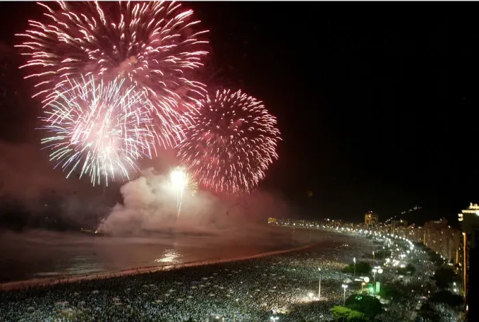 Framed Print : Fireworks explode above Copacabana beach in Rio de Janeiro at midnight Framed Print : Fireworks explode above Copacabana beach in Rio de Janeiro at midnight