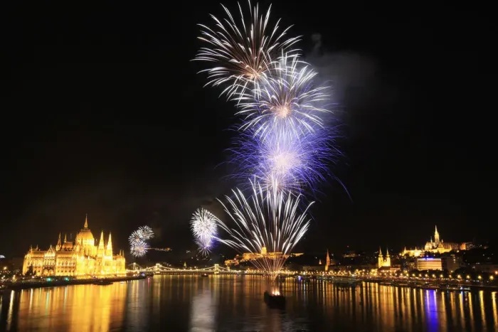 Framed Print : Fireworks explode over Danube River during Saint Stephens Day in Budapest Framed Print : Fireworks explode over Danube River during Saint Stephens Day in Budapest