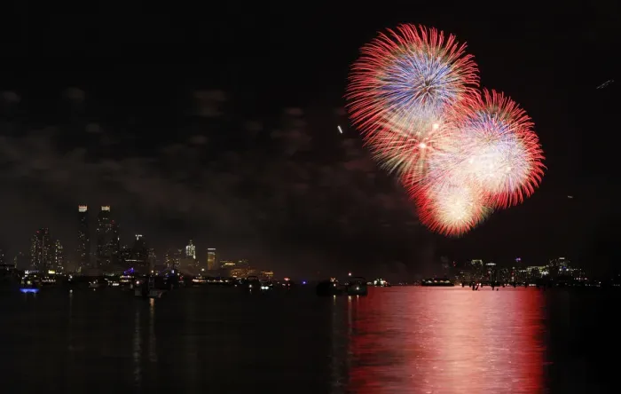 Framed Print : Fireworks explode over the Hudson River and the skyline of New York during the Macy s