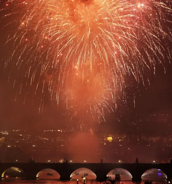 Framed Print : Fireworks explode over the medieval Charles Bridge in Prague