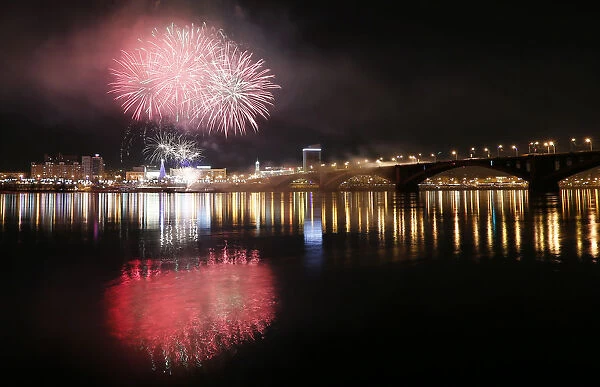 Fireworks explode during Orthodox Christmas celebrations in Krasnoyarsk