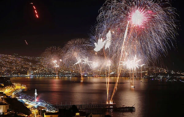 Fireworks explode during a pyrotechnic show to celebrate the new year in the coastal city