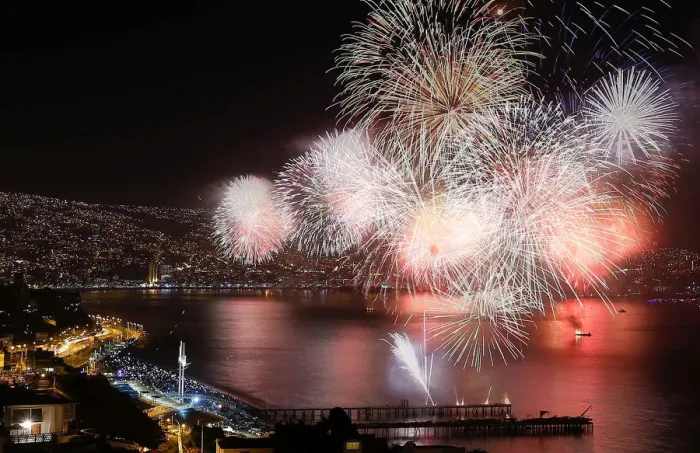 Framed Print : Fireworks explode during a pyrotechnic show to celebrate the new year in the coastal city Framed Print : Fireworks explode during a pyrotechnic show to celebrate the new year in the coastal city