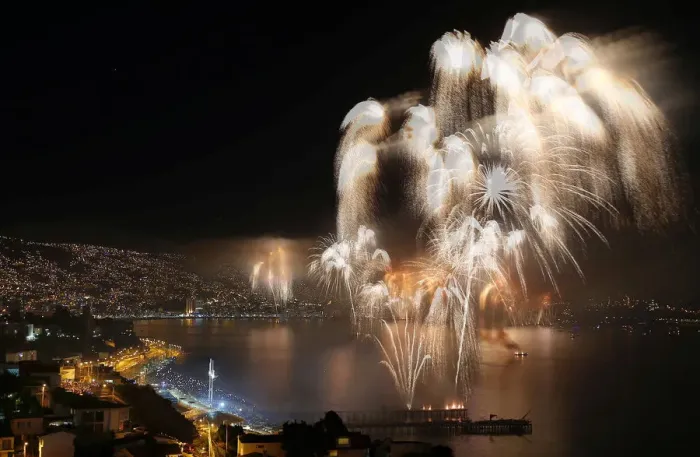 Framed Print : Fireworks explode during a pyrotechnic show to celebrate the new year in the coastal city Framed Print : Fireworks explode during a pyrotechnic show to celebrate the new year in the coastal city