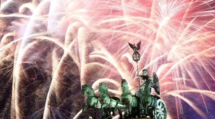 Framed Print : Fireworks explode over the Quadriga sculpture atop the Brandenburg gate during New Year Framed Print : Fireworks explode over the Quadriga sculpture atop the Brandenburg gate during New Year