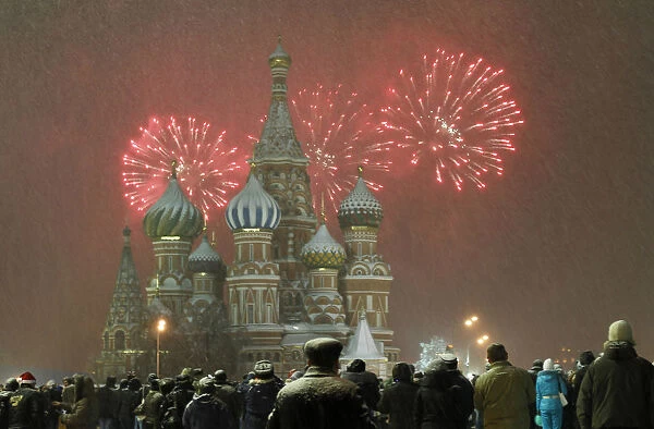 Fireworks explode over St. Basil Cathedral at Red Square during New Years Day celebrations