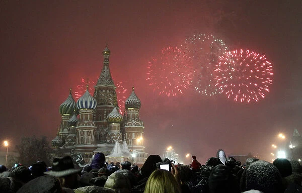 Fireworks explode over St. Basil Cathedral at Red Square during New Years Day