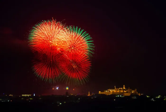 Framed Print : Fireworks explode over the town of Victoria on the Maltese island of Gozo during