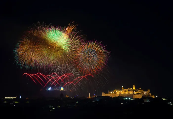 Framed Print : Fireworks explode over the town of Victoria on the Maltese island of Gozo during Framed Print : Fireworks explode over the town of Victoria on the Maltese island of Gozo during
