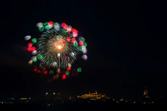 Framed Print : Fireworks explode over the town of Victoria on the Maltese island of Gozo during celebrations Framed Print : Fireworks explode over the town of Victoria on the Maltese island of Gozo during celebrations