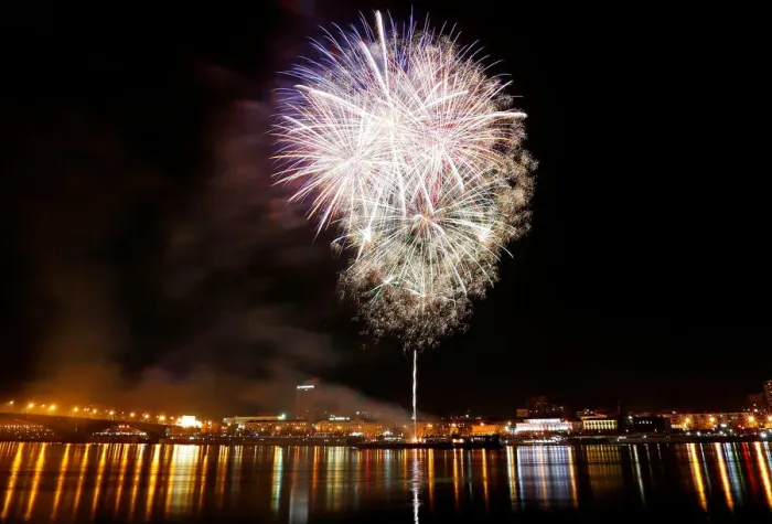 Framed Print : Fireworks explode over the Yenisei River during the Victory Day celebrations in Framed Print : Fireworks explode over the Yenisei River during the Victory Day celebrations in
