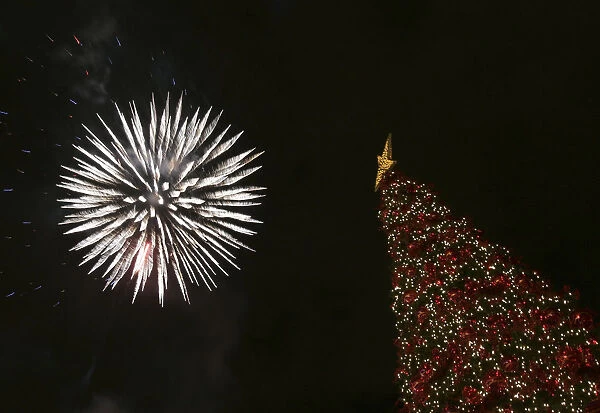 Fireworks light up the sky over a Christmas tree during a lighting ceremony at central