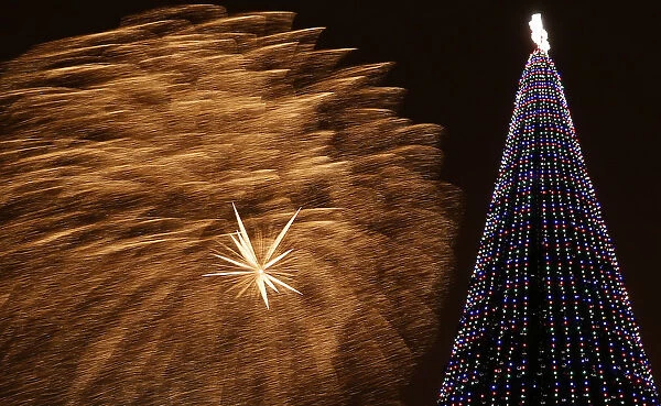 Fireworks light the sky during Orthodox Christmas celebrations in Krasnoyarsk