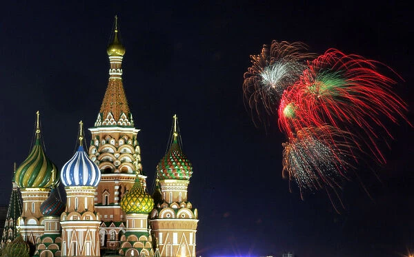 Fireworks light up St. Basils Cathedral in Red Square in Moscow