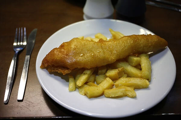 Fish and chips are seen in a sea front cafe in Blackpool