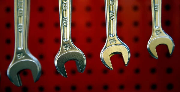 Flat spanners are displayed at a hardware store in Marseille