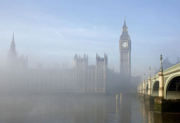 Fog clears around the Houses of Parliament in central London