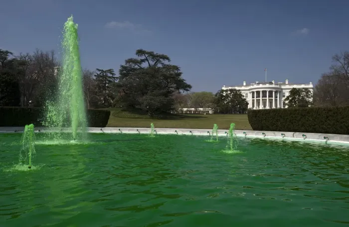 Framed Print : The fountain on the South Lawn of the White House flows with water dyed green for St Framed Print : The fountain on the South Lawn of the White House flows with water dyed green for St