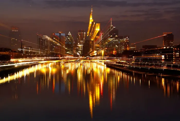 Framed Print : The Frankfurt skyline with its financial district is photographed on early evening in