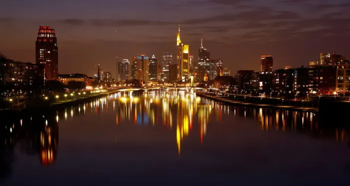 Framed Print : The Frankfurt skyline with its financial district is photographed on early evening in Framed Print : The Frankfurt skyline with its financial district is photographed on early evening in
