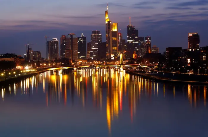Framed Print : The Frankfurt skyline with its financial district is photographed on early evening in