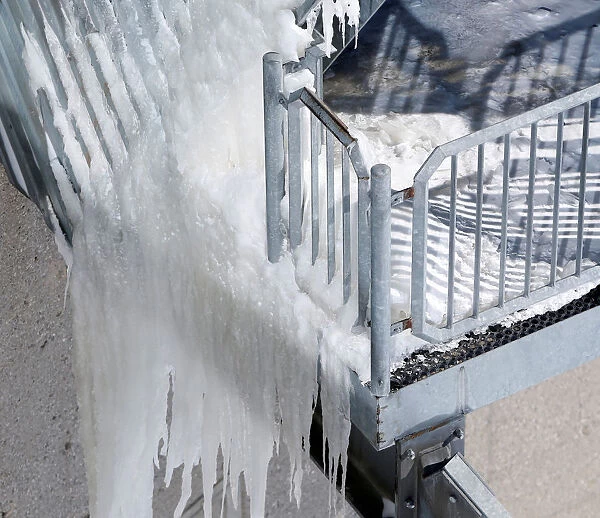 Frozen balustrade is pictured on top of highest German mountain, the Zugspitze