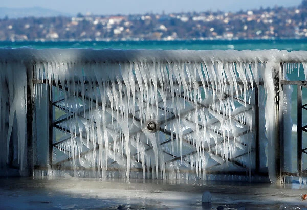 A frozen barrier is seen during a windy winter day near Lake Leman in Geneva