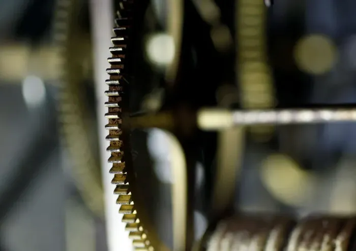 Framed Print : Gear wheels of a wall clock are pictured in a watchmakers shop in Bordeaux Framed Print : Gear wheels of a wall clock are pictured in a watchmakers shop in Bordeaux