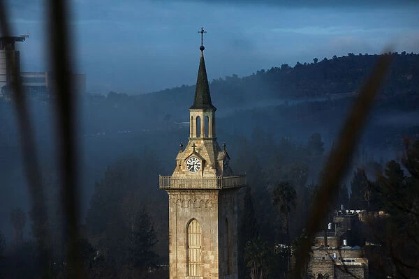 A general view of the clock tower of the Church of Saint John the Baptist in Jerusalem