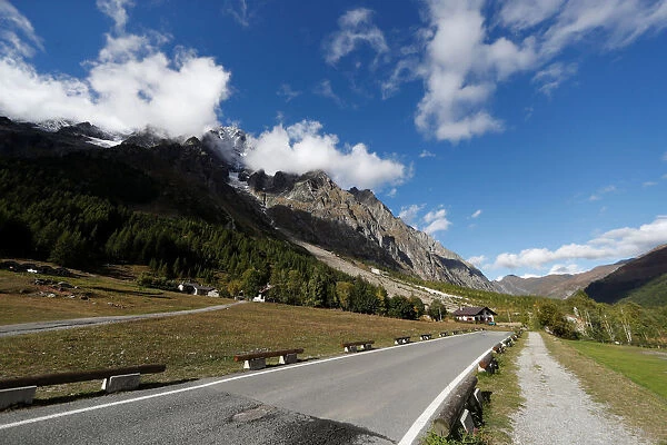 General view of a closed Val Ferret road on the Italian side of the Mont Blanc massif