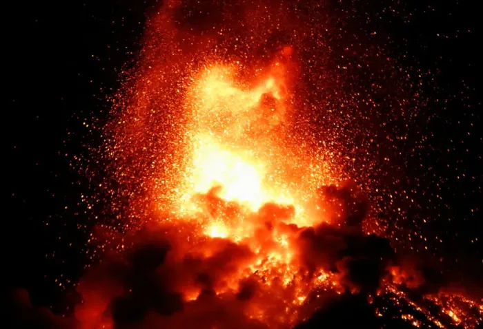 Framed Print : A general view shows Fuego volcano (Volcano of Fire) erupting as seen from San Juan