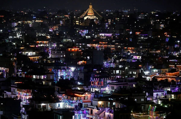 A general view shows houses decorated with lanterns and lights during the Tihar festival