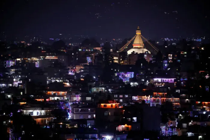 Framed Print : A general view shows houses decorated with lanterns and lights during the Tihar festival
