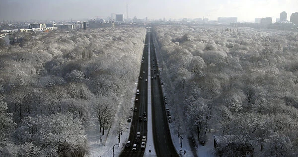 A general view shows the snow-covered Tiergarten park in Berlin