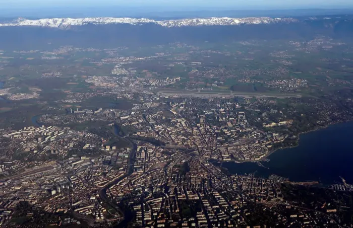 Framed Print : Geneva and its surrounding villages are seen in an aerial view Framed Print : Geneva and its surrounding villages are seen in an aerial view