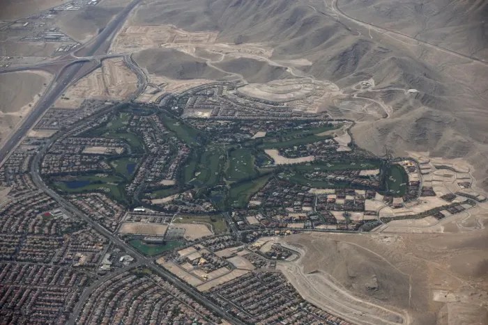 Framed Print : A golf course is seen next to desert in Las Vegas Framed Print : A golf course is seen next to desert in Las Vegas