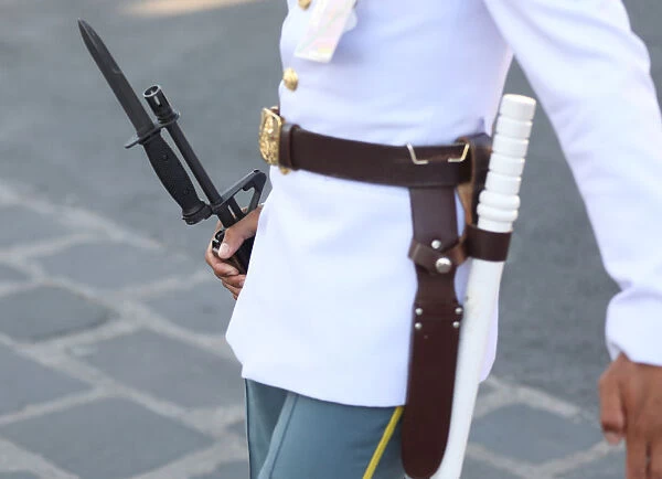 A guard of honor holds a gun near the Grand Palace in Bangkok