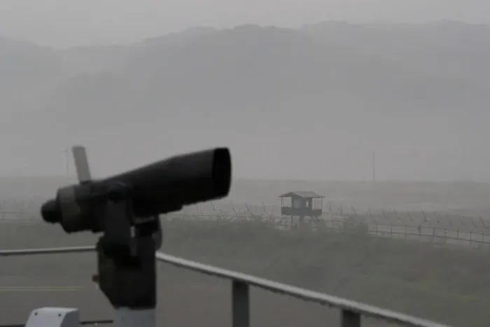 Framed Print : A guard post is seen near the demilitarized zone separating the two Koreas, in Paju